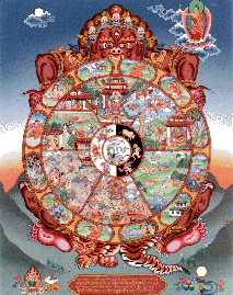 The Wheel of Life showing the 3 poisons, the 3 paths, the 6 realms and the 12 steps of dependent origination ...